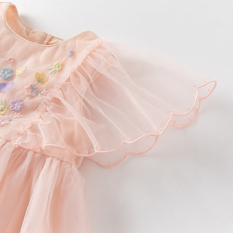 فستان بنات صيفي من التول باللون الوردي الرمادي بأكمام خفاشية صغيرة تصميم أميري