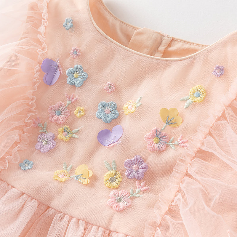 فستان بنات صيفي من التول باللون الوردي الرمادي بأكمام خفاشية صغيرة تصميم أميري