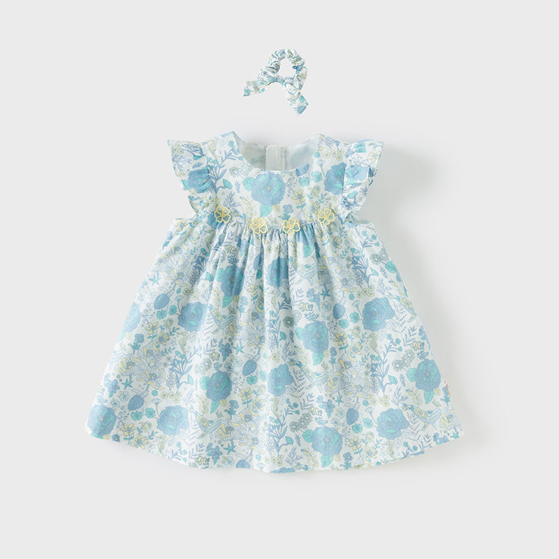 فستان بنات صيفي من القطن بطبعة زهرية (يشمل ربطة شعر من نفس السلسلة)