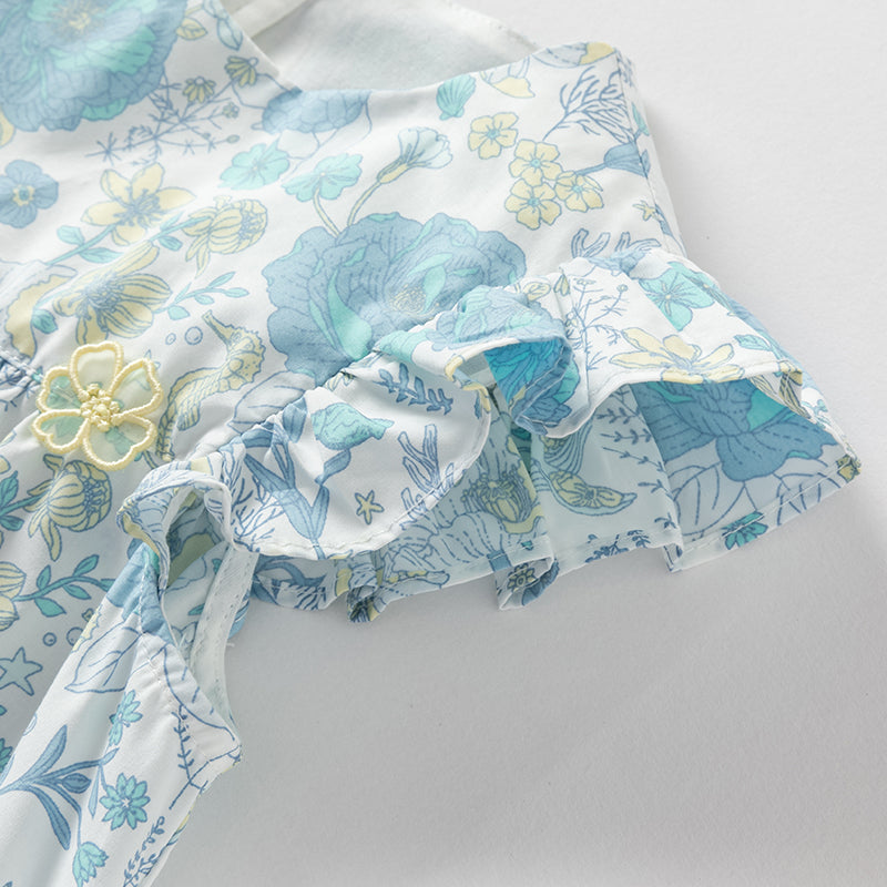 فستان بنات صيفي من القطن بطبعة زهرية (يشمل ربطة شعر من نفس السلسلة)