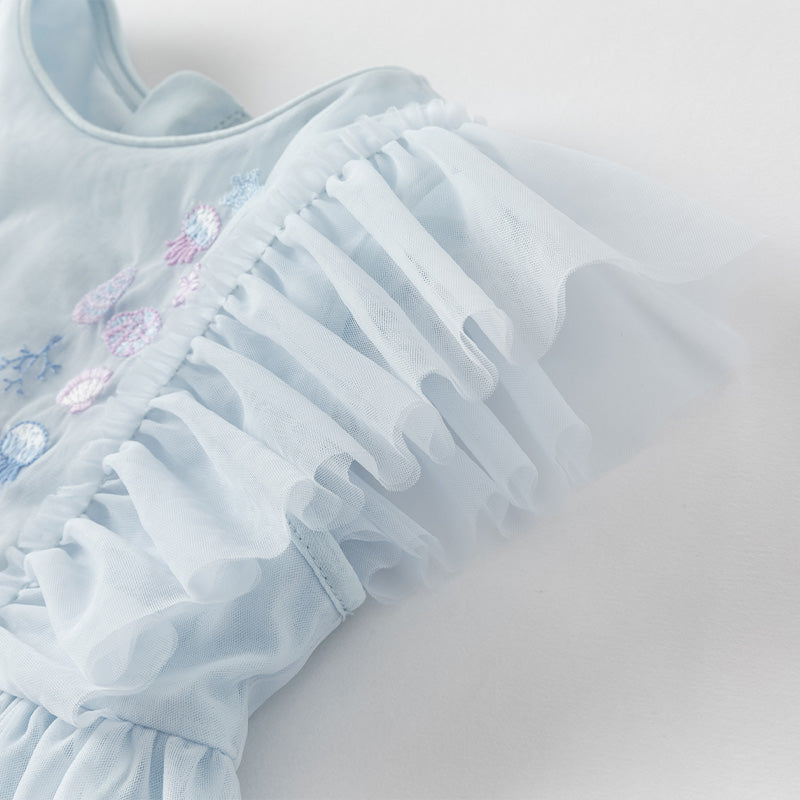 فستان حفلة صيفي بدون أكمام شبكي باللون الأزرق الفاتح للبنات الأطفال