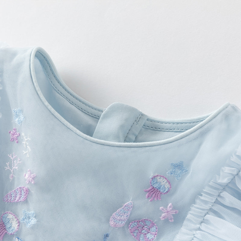 فستان حفلة صيفي بدون أكمام شبكي باللون الأزرق الفاتح للبنات الأطفال