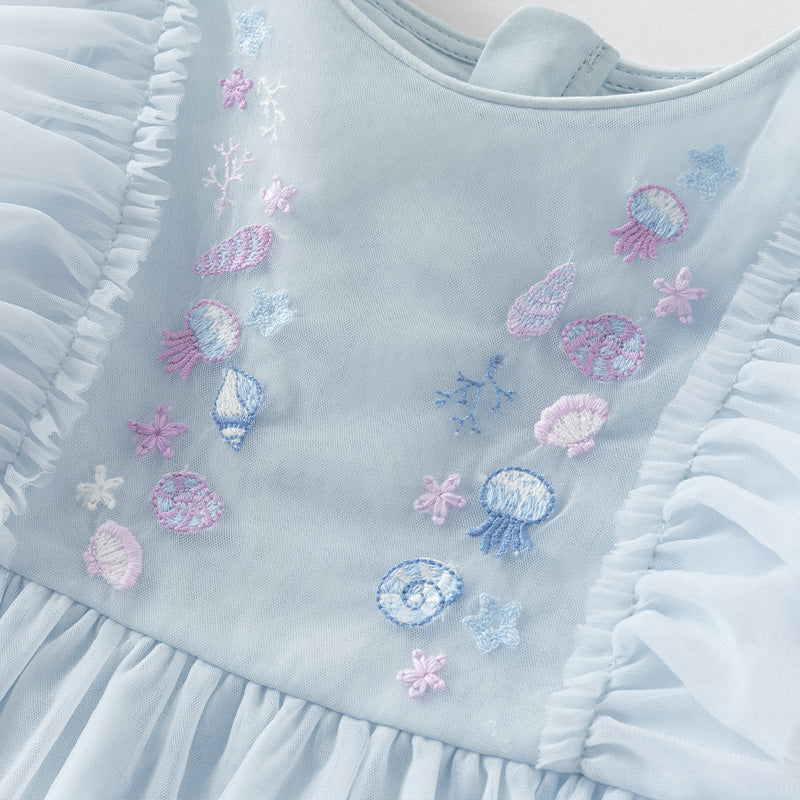 فستان حفلة صيفي بدون أكمام شبكي باللون الأزرق الفاتح للبنات الأطفال