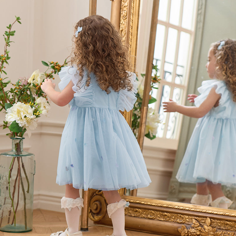 فستان حفلة صيفي بدون أكمام شبكي باللون الأزرق الفاتح للبنات الأطفال