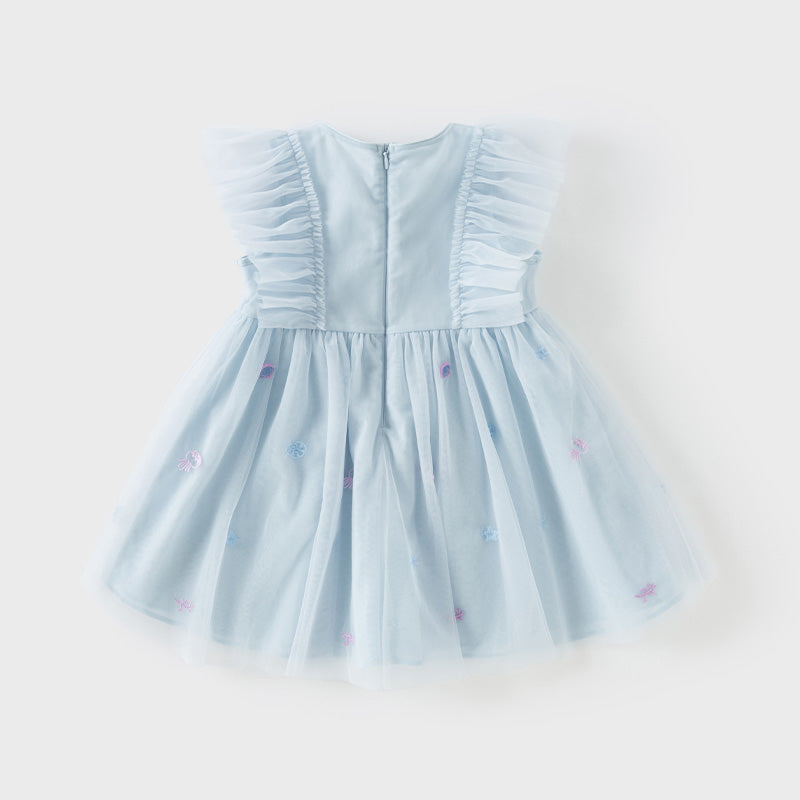 فستان حفلة صيفي بدون أكمام شبكي باللون الأزرق الفاتح للبنات الأطفال