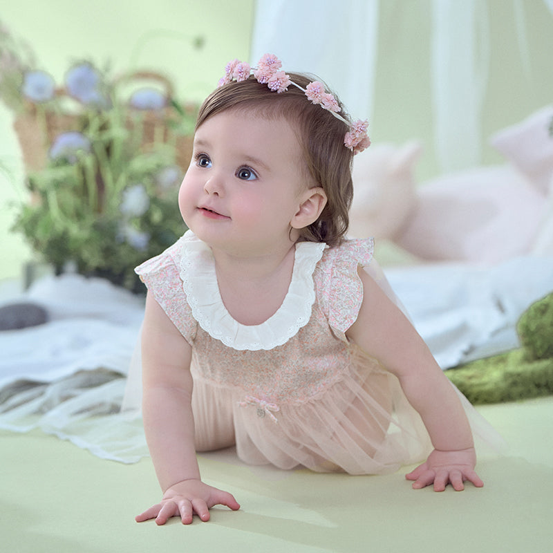 فستان رومبر بناتي بطبعة زهرية وردية بتصميم الجنيات – بدلة قطنية مع تنورة تول وتفاصيل أجنحة