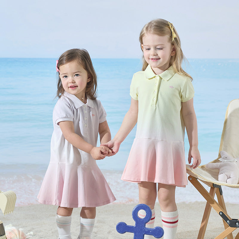 فستان بنات صيفي قطن بأسلوب رياضي باللون البرتقالي الوردي / الوردي البنفسجي