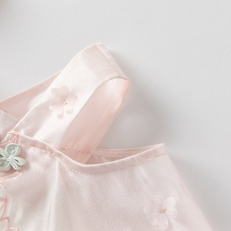 فستان صيفي للبنات الصغيرات من التول باللون الأخضر بتصميم صيني على شكل حرف A