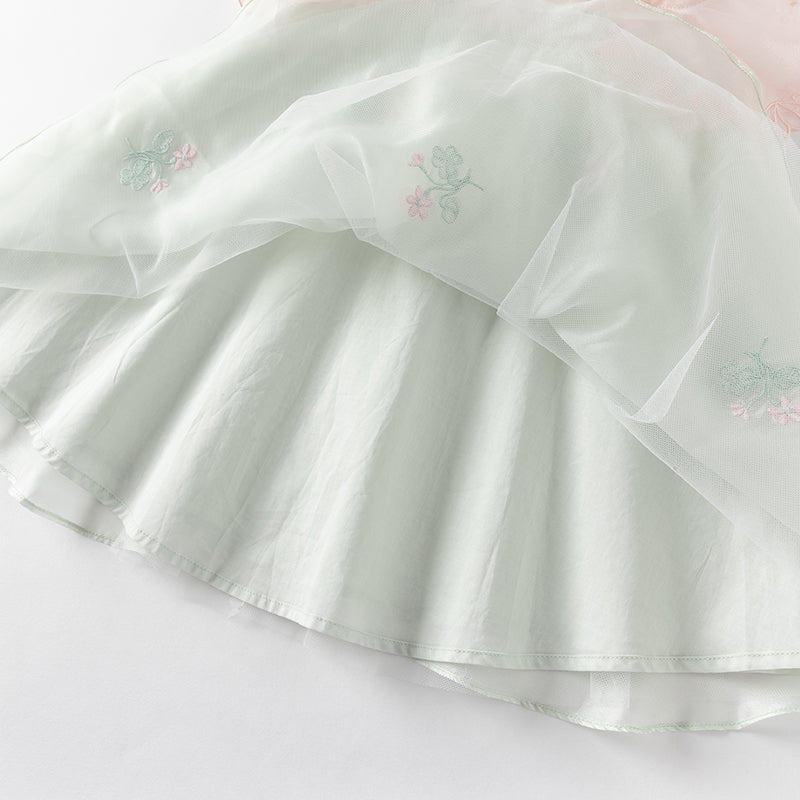 فستان صيفي للبنات الصغيرات من التول باللون الأخضر بتصميم صيني على شكل حرف A