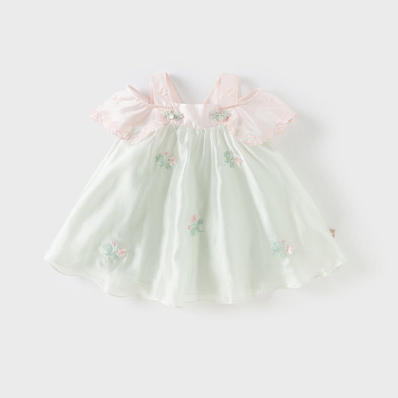 فستان صيفي للبنات الصغيرات من التول باللون الأخضر بتصميم صيني على شكل حرف A