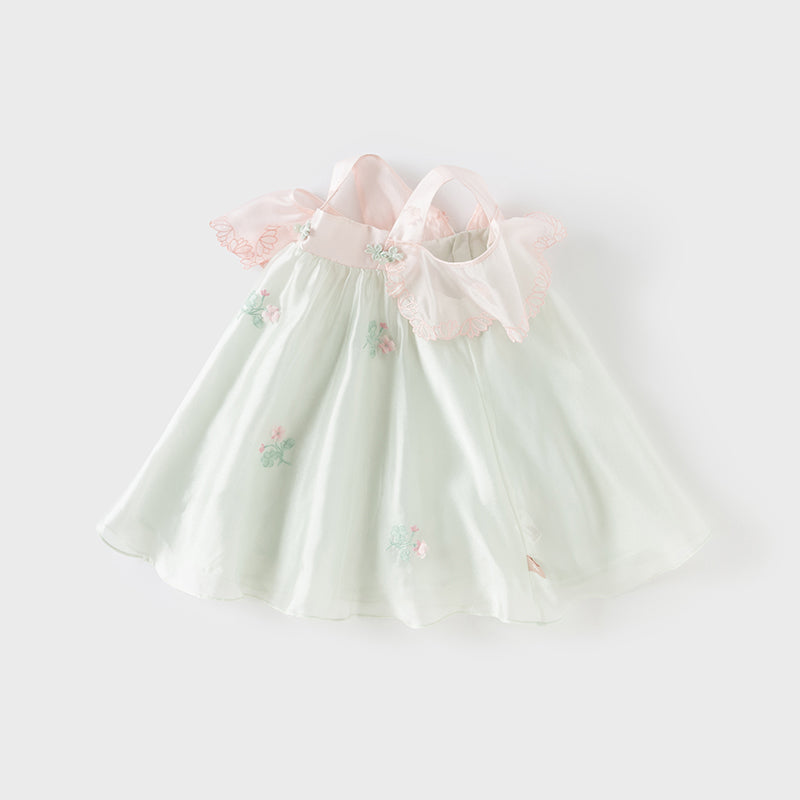 فستان صيفي للبنات الصغيرات من التول باللون الأخضر بتصميم صيني على شكل حرف A