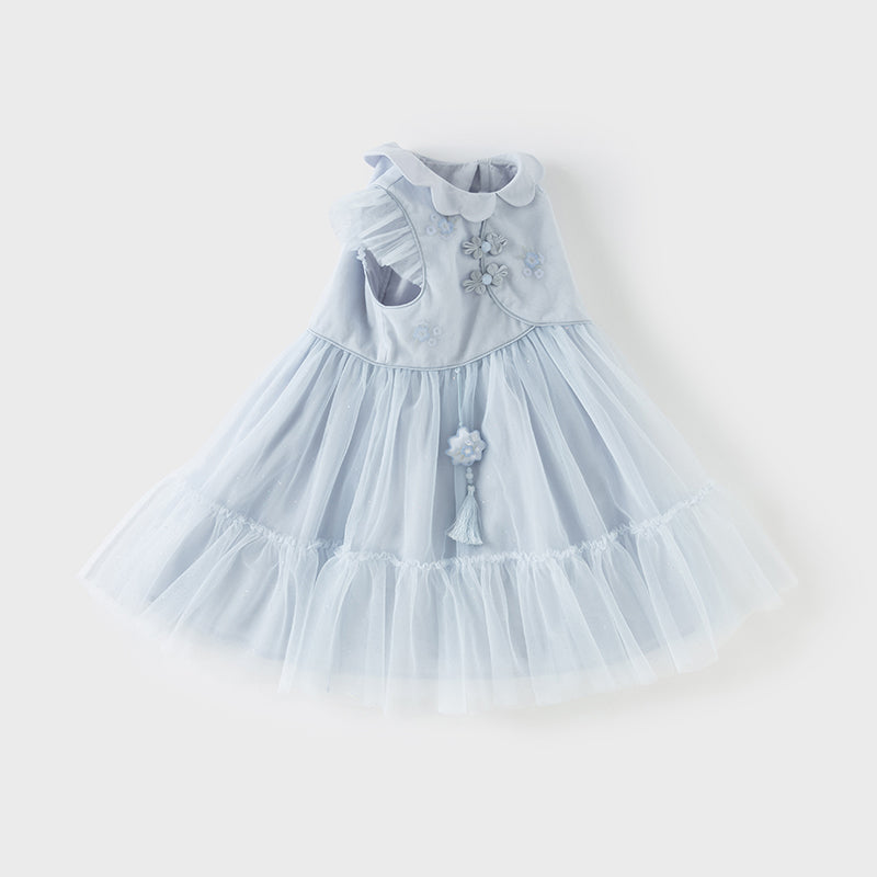 فستان صيفي للبنات الصغيرات من التول باللون بنفسجي مزرق بتصميم صيني