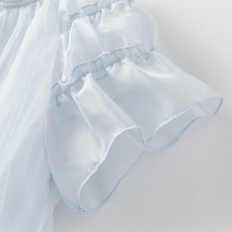 فستان بنات صيفي من التول باللون الأزرق بأسلوب لطيف