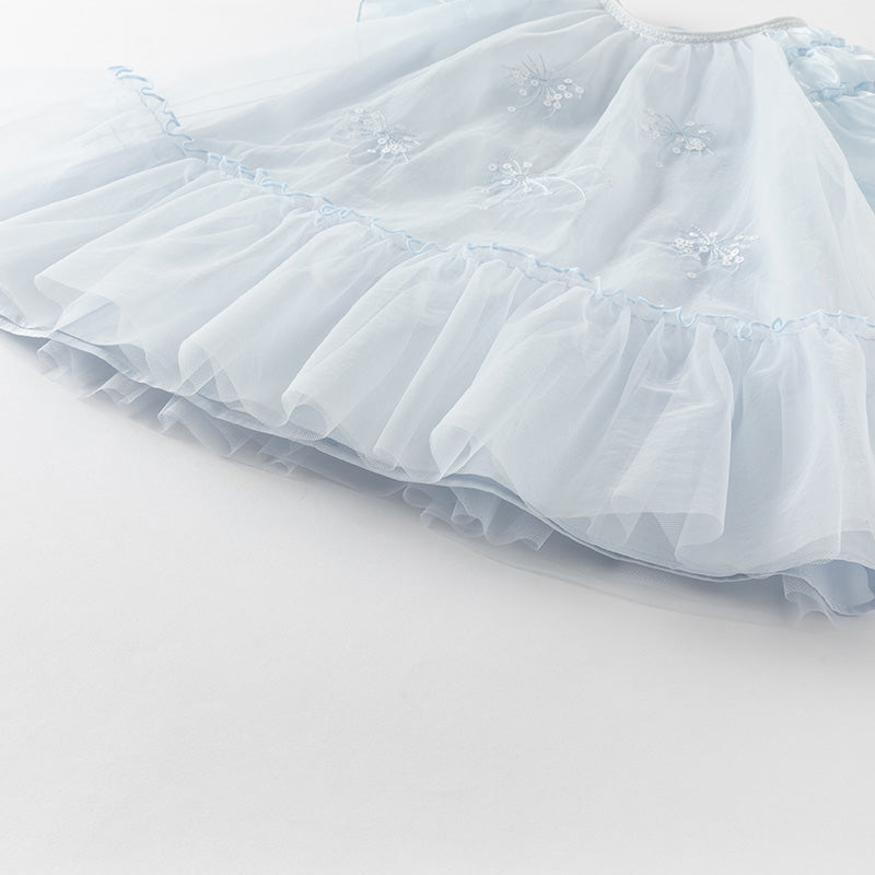 فستان بنات صيفي من التول باللون الأزرق بأسلوب لطيف