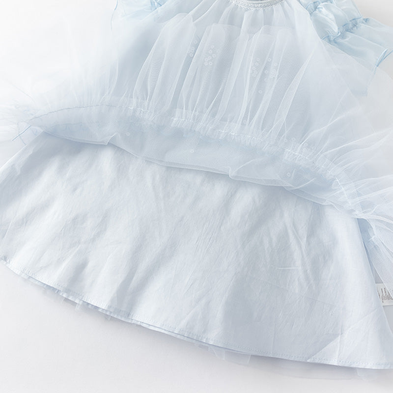 فستان بنات صيفي من التول باللون الأزرق بأسلوب لطيف