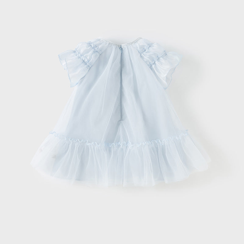 فستان بنات صيفي من التول باللون الأزرق بأسلوب لطيف