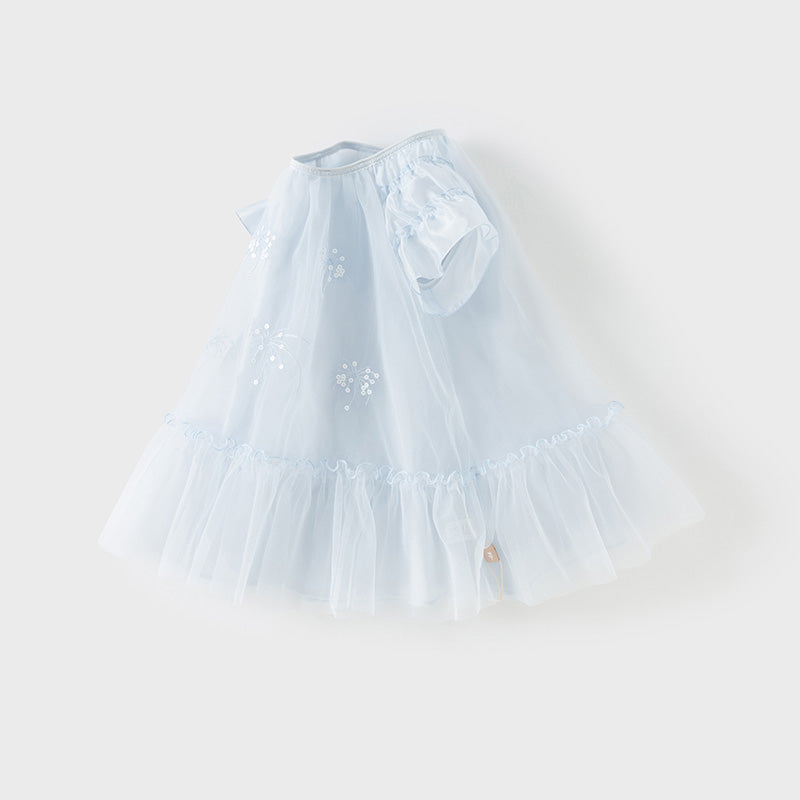 فستان بنات صيفي من التول باللون الأزرق بأسلوب لطيف