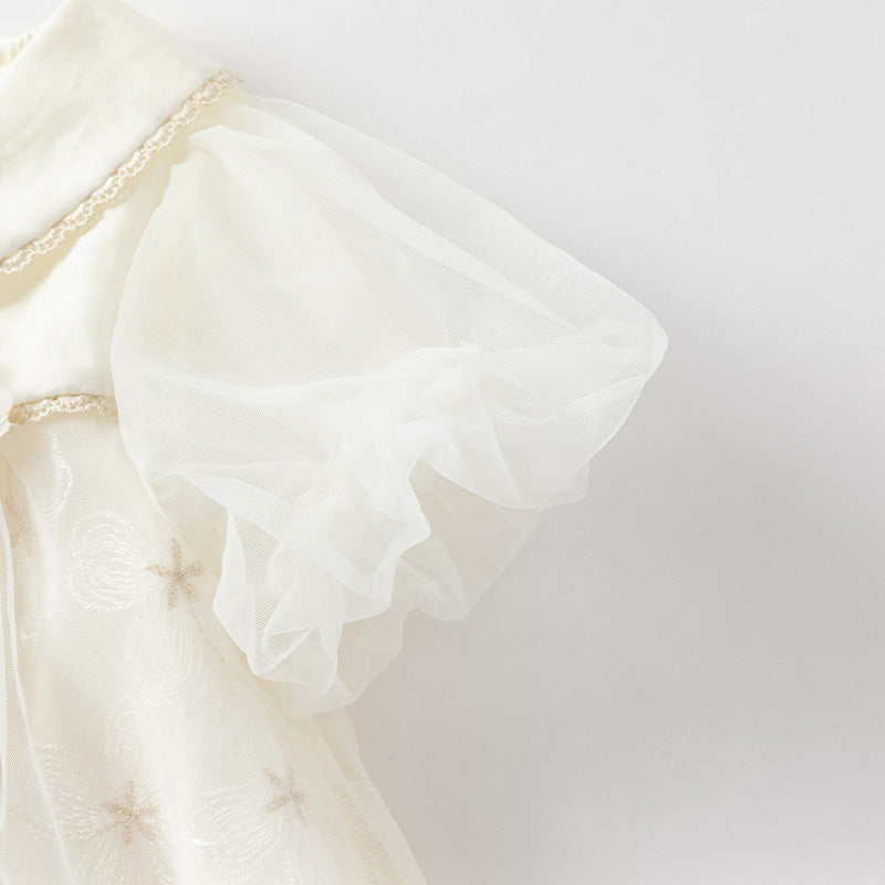 فستان صيفي للبنات الصغيرات من التول بأكمام فقاعة باللون البيج