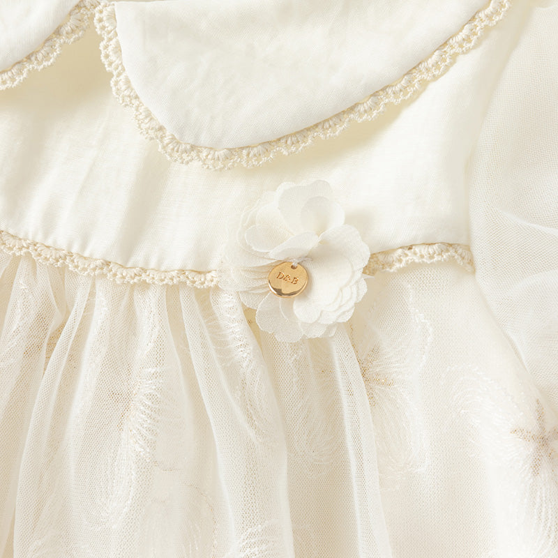 فستان صيفي للبنات الصغيرات من التول بأكمام فقاعة باللون البيج