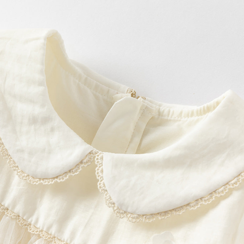 فستان صيفي للبنات الصغيرات من التول بأكمام فقاعة باللون البيج