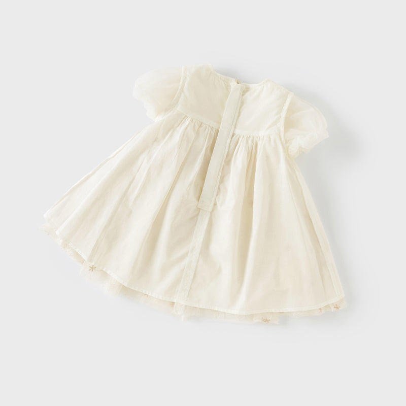 فستان صيفي للبنات الصغيرات من التول بأكمام فقاعة باللون البيج