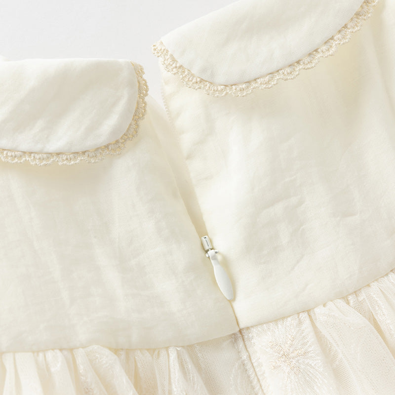 فستان صيفي للبنات الصغيرات من التول بأكمام فقاعة باللون البيج