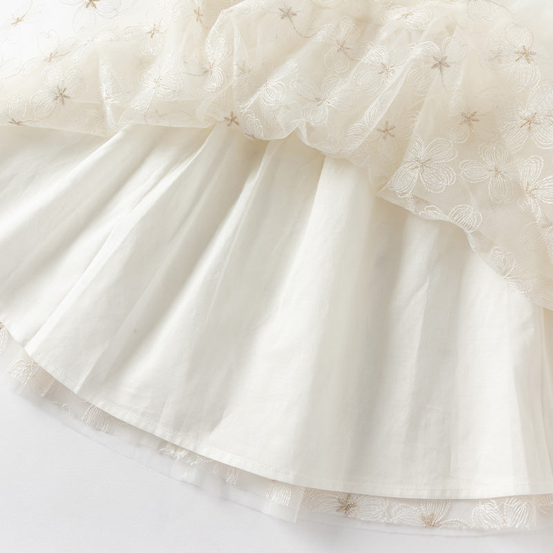 فستان صيفي للبنات الصغيرات من التول بأكمام فقاعة باللون البيج