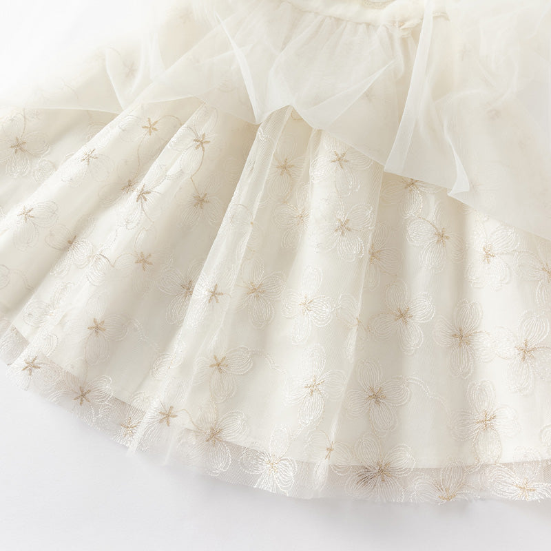 فستان صيفي للبنات الصغيرات من التول بأكمام فقاعة باللون البيج