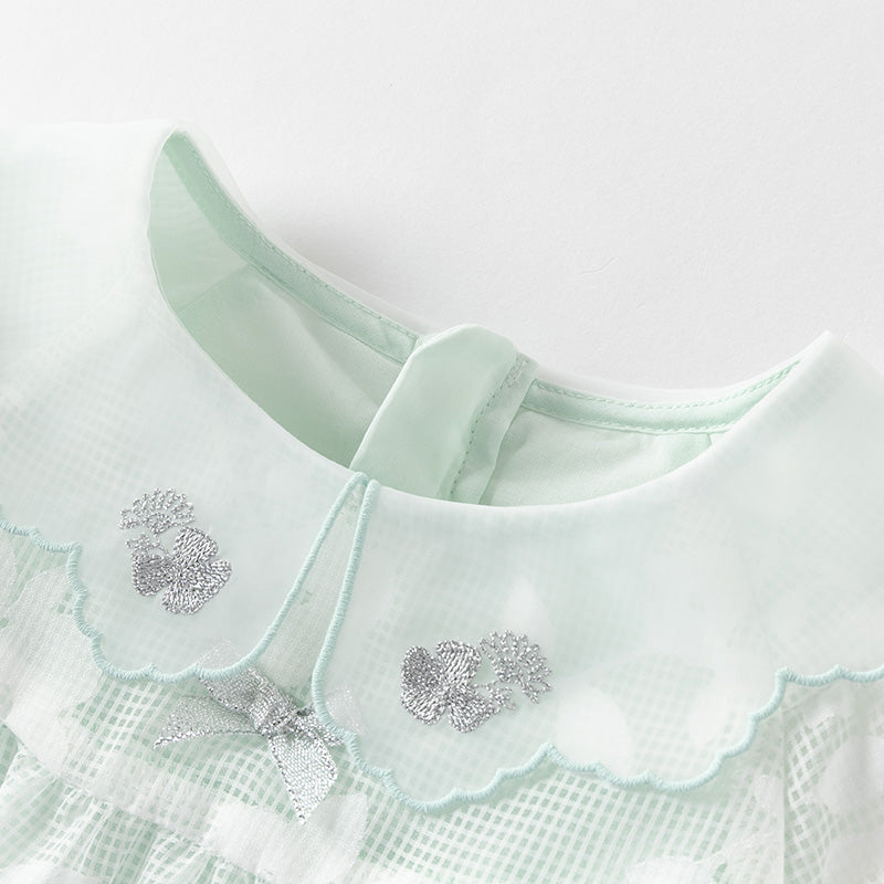 فستان صيفي للبنات الصغيرات من التول باللون الأخضر بأكمام فقاعة بتصميم أنيق