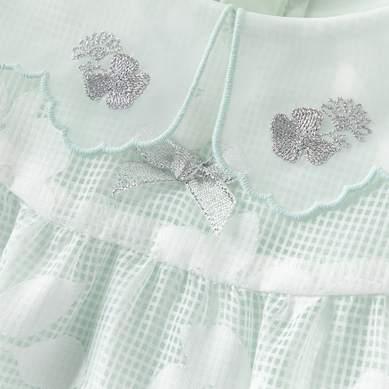 فستان صيفي للبنات الصغيرات من التول باللون الأخضر بأكمام فقاعة بتصميم أنيق