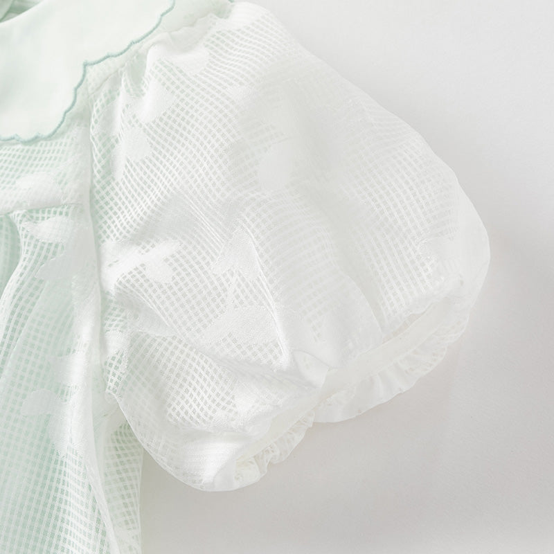 فستان صيفي للبنات الصغيرات من التول باللون الأخضر بأكمام فقاعة بتصميم أنيق