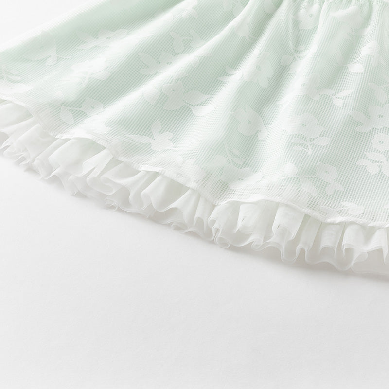 فستان صيفي للبنات الصغيرات من التول باللون الأخضر بأكمام فقاعة بتصميم أنيق