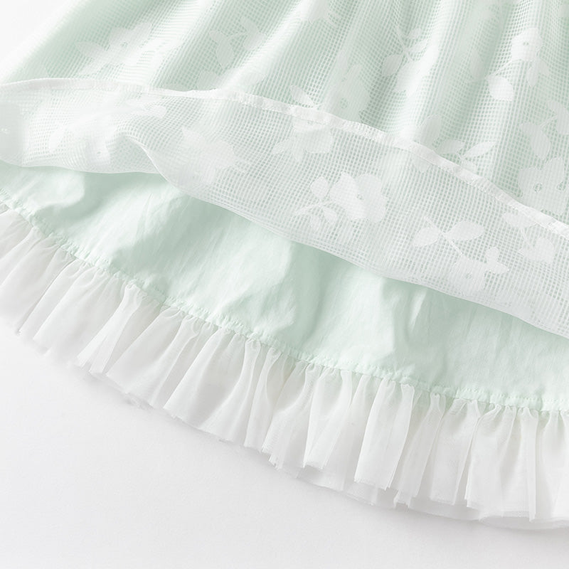 فستان صيفي للبنات الصغيرات من التول باللون الأخضر بأكمام فقاعة بتصميم أنيق