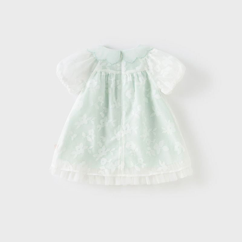 فستان صيفي للبنات الصغيرات من التول باللون الأخضر بأكمام فقاعة بتصميم أنيق