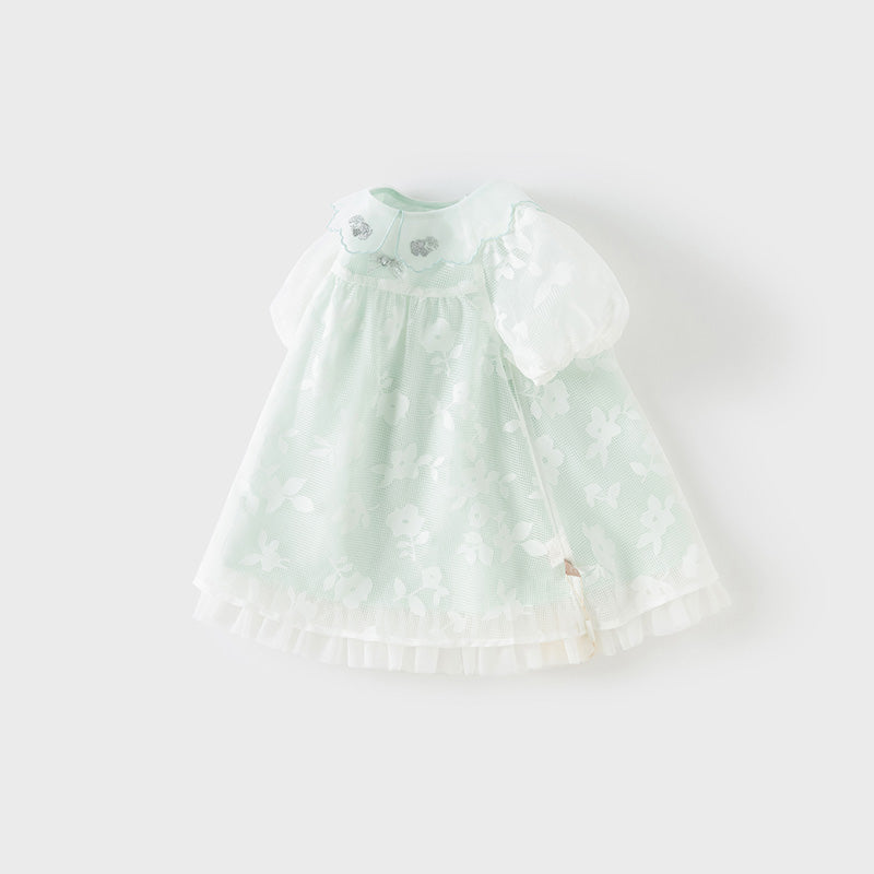 فستان صيفي للبنات الصغيرات من التول باللون الأخضر بأكمام فقاعة بتصميم أنيق