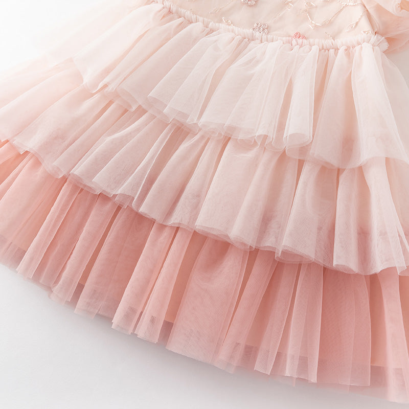 فستان صيفي للبنات الصغيرات من التول الوردي بتدرج ألوان تصميم كيك بأكمام فقاعة لطيفة