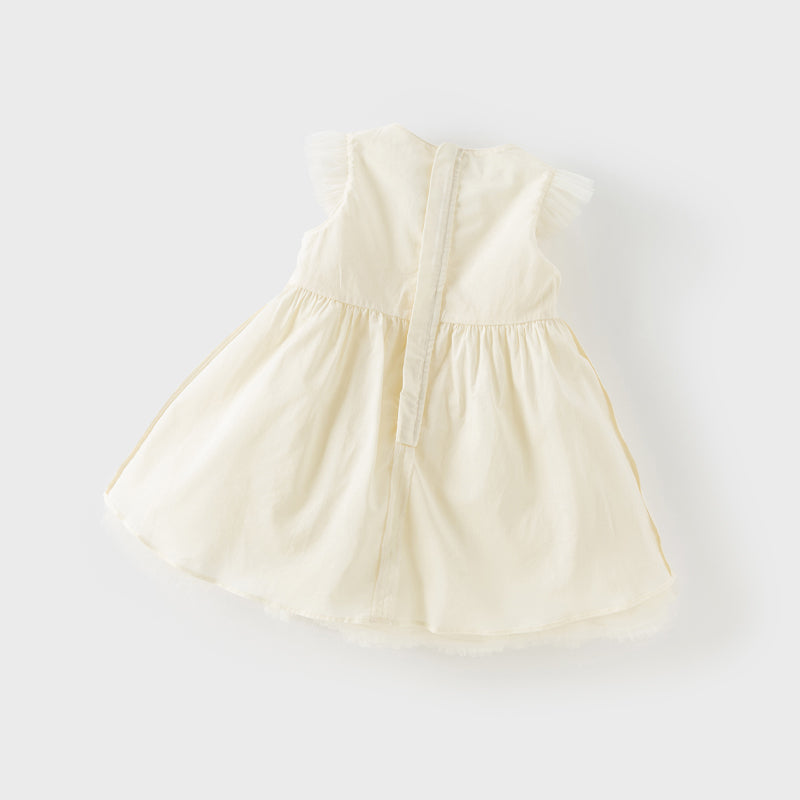 فستان أميرة شبكي للفتيات الصغيرات في الصيف باللون الأصفر الفاتح بدون أكمام مع تطريز