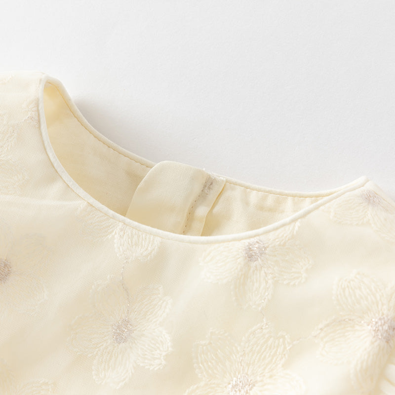 فستان أميرة شبكي للفتيات الصغيرات في الصيف باللون الأصفر الفاتح بدون أكمام مع تطريز