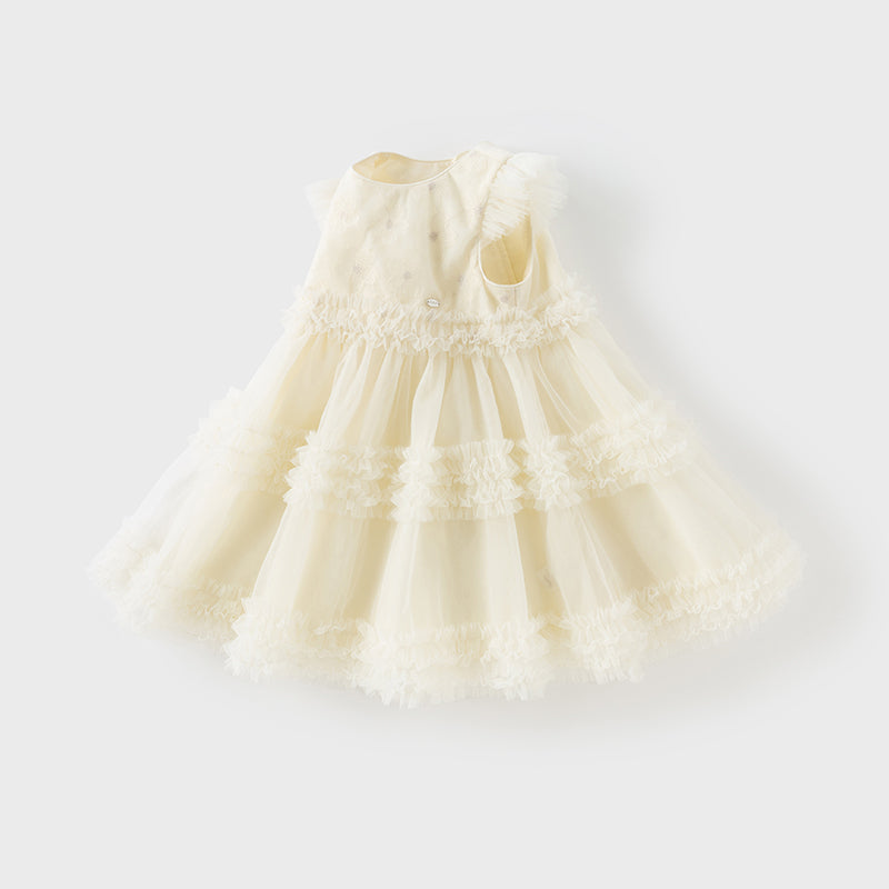 فستان أميرة شبكي للفتيات الصغيرات في الصيف باللون الأصفر الفاتح بدون أكمام مع تطريز