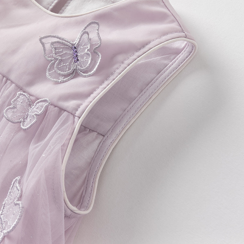 فستان أميرة شبكي بدون أكمام بتصميم فراشة ثلاثية الأبعاد باللون البنفسجي لفتيات صغيرات في الصيف