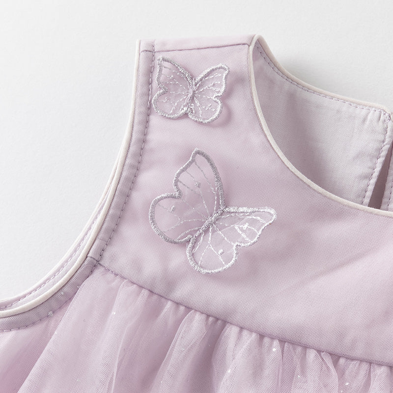 فستان أميرة شبكي بدون أكمام بتصميم فراشة ثلاثية الأبعاد باللون البنفسجي لفتيات صغيرات في الصيف