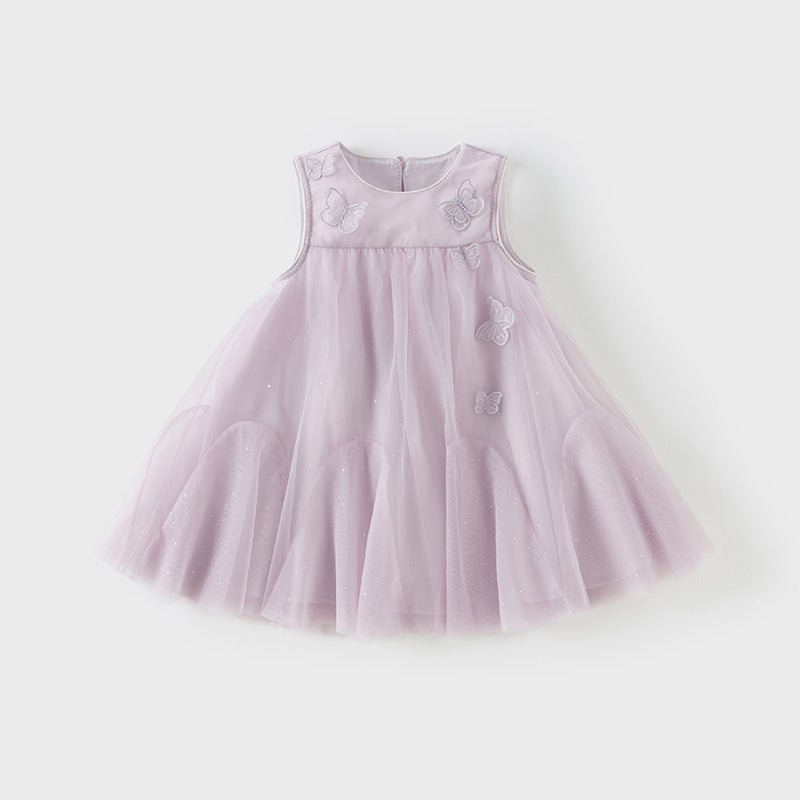 فستان أميرة شبكي بدون أكمام بتصميم فراشة ثلاثية الأبعاد باللون البنفسجي لفتيات صغيرات في الصيف