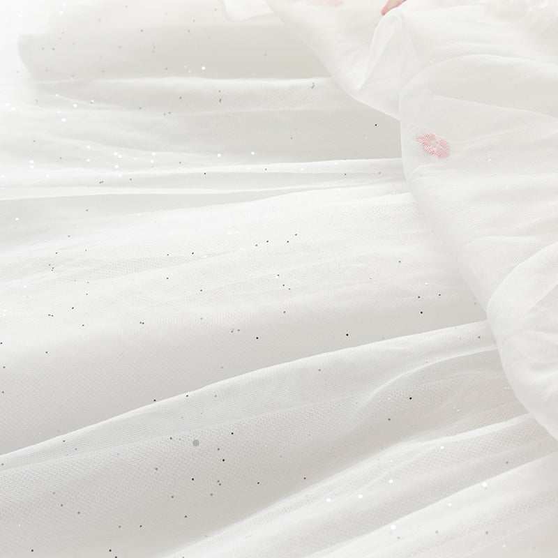 فستان صيفي للبنات باللون الأبيض العاجي بأكمام منفوشة من شبكة (يشمل حقيبة كتف)