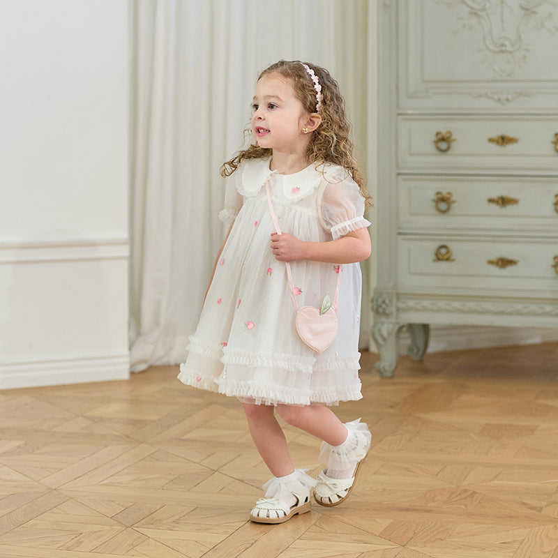 فستان صيفي للبنات باللون الأبيض العاجي بأكمام منفوشة من شبكة (يشمل حقيبة كتف)