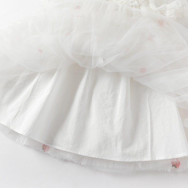 فستان صيفي للبنات باللون الأبيض العاجي بأكمام منفوشة من شبكة (يشمل حقيبة كتف)