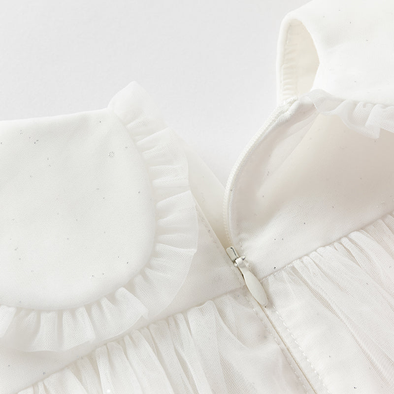 فستان صيفي للبنات باللون الأبيض العاجي بأكمام منفوشة من شبكة (يشمل حقيبة كتف)