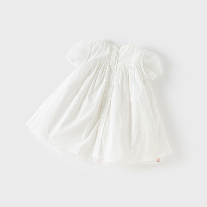 فستان صيفي للبنات باللون الأبيض العاجي بأكمام منفوشة من شبكة (يشمل حقيبة كتف)