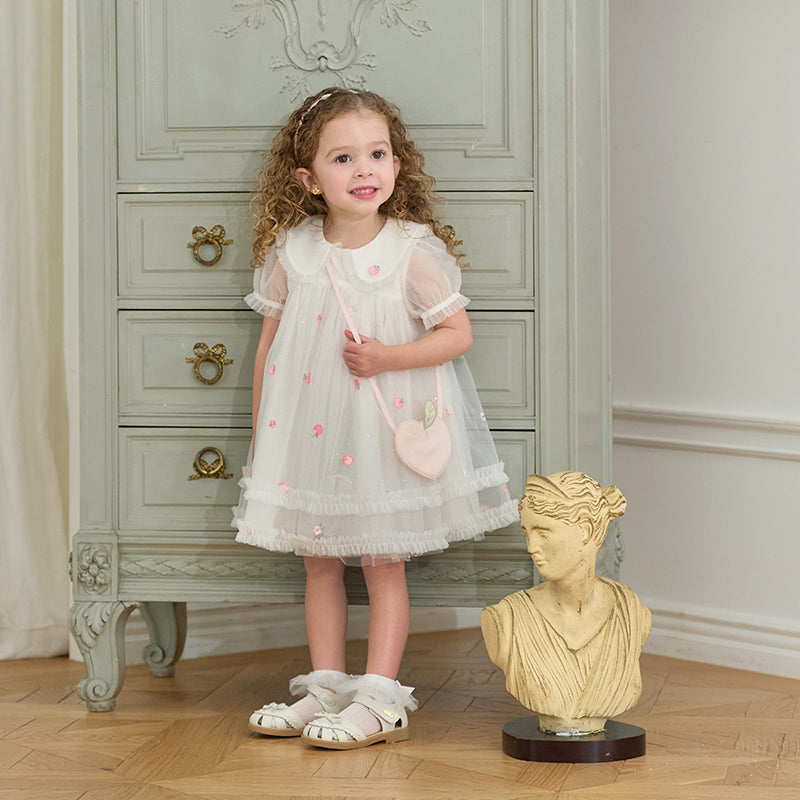 فستان صيفي للبنات باللون الأبيض العاجي بأكمام منفوشة من شبكة (يشمل حقيبة كتف)