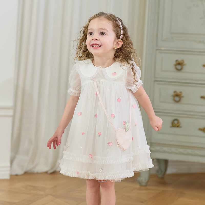 فستان صيفي للبنات باللون الأبيض العاجي بأكمام منفوشة من شبكة (يشمل حقيبة كتف)