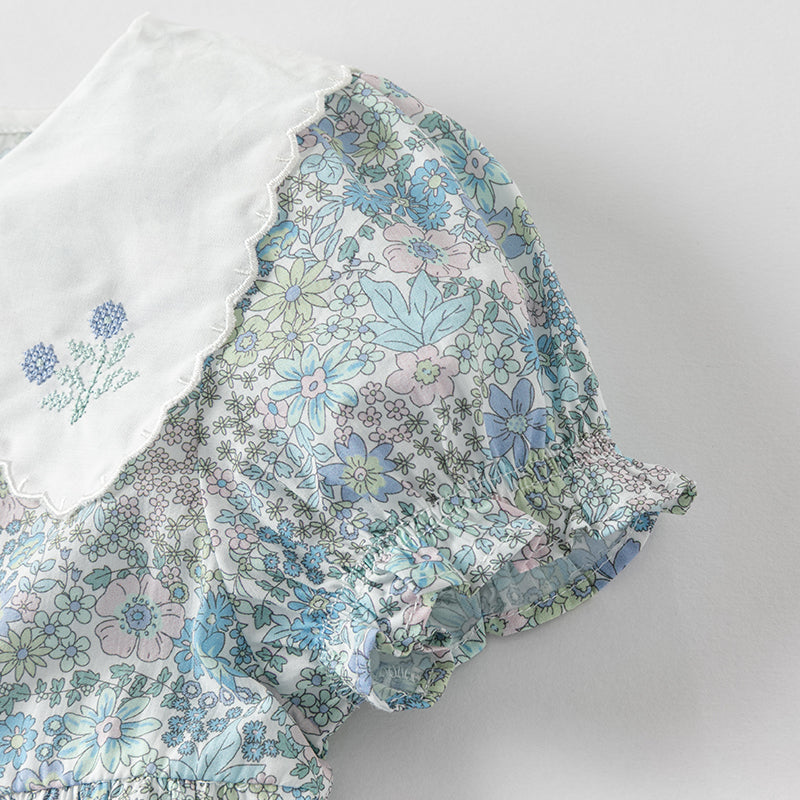 فستان بنات صيفي من القطن الخالص بأكمام منفوشة بطباعة زهرية